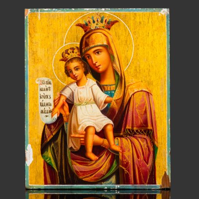 купить Икона Образ Пресвятой Богородицы «Достойно есть» с печатью Благословения Святой Афонской горы Пантелеймонова Монастыря (Афонское письмо), дерево, масло, золочение, Греция, 1880-1910 гг.