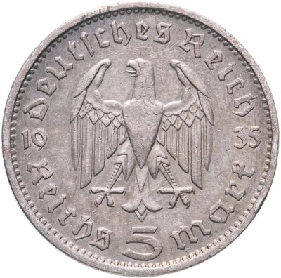 купить Германия (Третий Рейх) 5 рейхсмарок 1935, Двор F, Орел без свастики (Гинденбург)