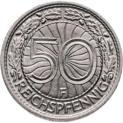 купить Германия 50 рейхспфеннигов (reichspfennig) 1927 F знак монетного двора "F" — Штутгарт
