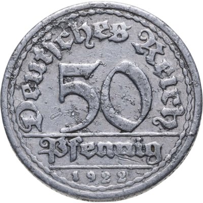купить Германия (Веймарская республика) 50 пфеннигов (pfennig) 1922 G знак монетного двора "G" — Карлсруэ