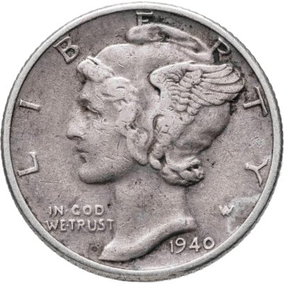 купить США 10 центов (дайм, one dime) 1940 Mercury Dime (дайм «Меркурий») без обозначения монетного двора