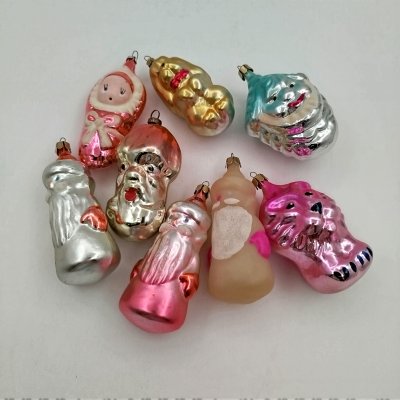 купить Набор из 8 ёлочных игрушек в виде различных персонажей, стекло, краска, металл, СССР, 1950-1970 гг.