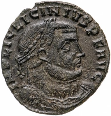 купить Римская Империя, Лициний I, 308–324 гг, фоллис (реверс: Юпитер держит Викторию на шаре, внизу орел с венком)