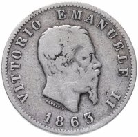 Купить Италия 1 лира (lira) 1863 M Щит на реверсе знак монетного двора: "M" - Милан