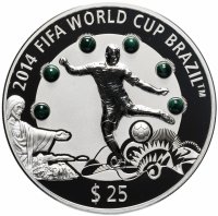 Купить Остров Фиджи 25 долларов 2013 "Кубок FIFA 2014 по футболу в Бразилии" с 6тью малахитовыми вставками в виде мячей Редкость
