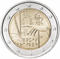 Купить Италия 2 евро 2009 "200 лет со дня рождения Луи Брайля"
