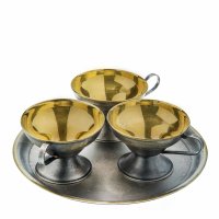 Купить Сервиз чайный из 4-х предметов (3 чашки и поднос), мельхиор, Мстерская художественная фабрика "Ювелир", СССР, 1971 г.