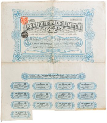 купить Акция Ленских Золотых Приисков 1 фунт стерлингов 1912