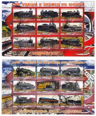 купить Джибути марки набор из 2 квартблоков "Ретро поезда. США и Аргентина"