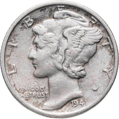 купить США 10 центов (дайм, one dime) 1941 Mercury Dime (дайм «Меркурий») без обозначения монетного двора