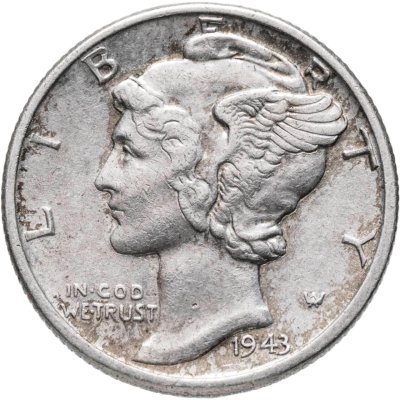 купить США 10 центов (дайм, one dime) 1943 Mercury Dime (дайм «Меркурий») без обозначения монетного двора