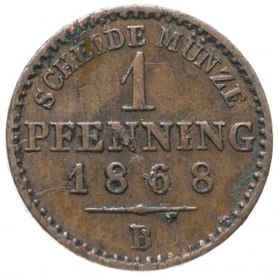 купить Пруссия 1 пфенниг (pfenning) 1868 B, отметка монетного двора: "B" - Бреслау