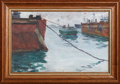 купить Картина в раме "Лодки", бумага, картон, масло, Художник Таптун, СССР, 1961 г.