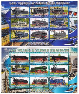 купить Джибути марки набор из 2 квартблоков "Ретро поезда. Испания и Германия"