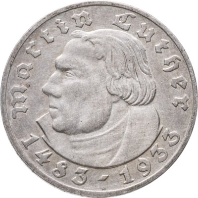 купить Германия (Третий рейх) 5 рейхсмарок (reichsmark) 1933 "450 лет со дня рождения Мартина Лютера" знак монетного двора "G" - Карлсуэ