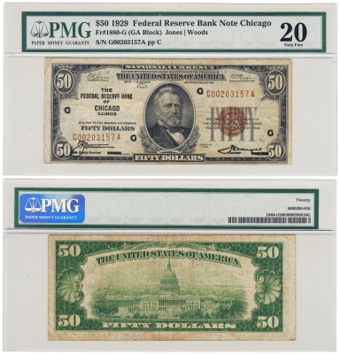 купить США 50 долларов 1929 series 1929 G - Чикаго, в слабе PMG VF 20