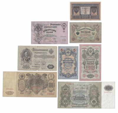 купить Полный набор банкнот образца царских выпусков 1898-1912 гг. 1 рубль - 500 рублей (8 бон)
