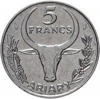 Купить Мадагаскар 5 франков (francs) 1989