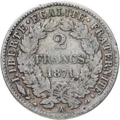 купить Франция 2 франка (francs) 1871 LIBERTE·EGALITE·FRATERNITE Знак монетного двора: "A" - Париж