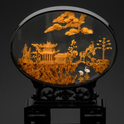 купить Панно декоративное (диорама) с изображением пагоды и пейзажа, пробковое дерево, текстиль, картон, дерево, стекло, Китай, 1950-1980 гг.