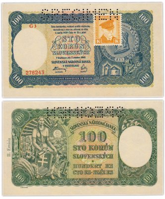 купить Чехословакия 100 крон 1945 (Pick 52) Марка на банкноте Словакии 1940 (перфорация SPECIMEN)