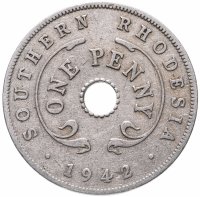 Купить Южная Родезия 1 пенни (penny) 1942 Медно-никелевый сплав /серый цвет/