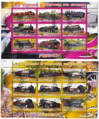 купить Джибути марки набор из 2 квартблоков "Ретро поезда. Канада и Франция"