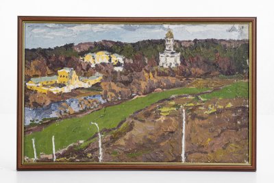 купить Картина "Пейзаж с церковью", художник Сафонов В.А., картон, масло, в раме, СССР, 1970-1980 гг.