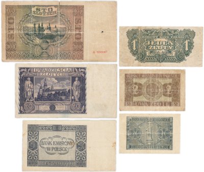 купить Набор банкнот Польша 1, 2, 5, 20 и 100 злотых 1936-1944 гг. (6 бон)