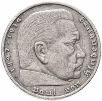 Купить 5 рейхсмарок (reichsmark) 1936 Гинденбург Третий рейх, без свастики "A"