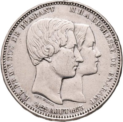 купить Бельгия 5 франков 1853 "Свадьба принца Леопольда и эрцгерцогини Марии Генриетты"
