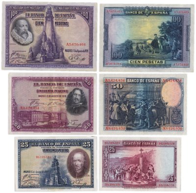 купить Набор Испания 25, 50 и 100 песет 1928 (3 боны) Педро Кальдерон де ла Барка, Диего Родригес де Силва и Веласкес, Мигель де Сервантес