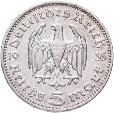 купить Германия (Третий Рейх) 5 рейхсмарок 1935, Двор J, Орел без свастики (Гинденбург)