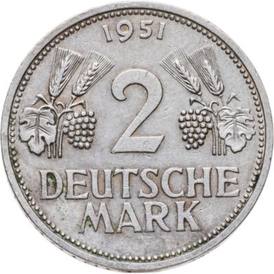 купить Германия 2 марки 1951, знак монетного двора: "F" - Штутгарт