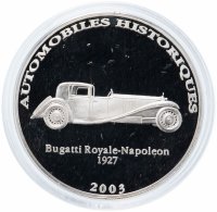 Купить Демократическая Республика Конго 10 франков 2003 "Автомобили истории - Bugatti Royal-Napoleon 1927" в капсуле