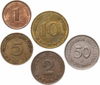 купить Германия, набор из 5 монет (1, 2, 5, 10 и 50 пфеннигов ФРГ) 1950-2001
