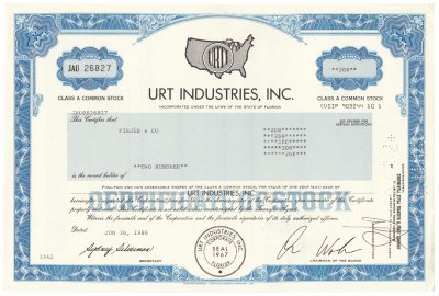 купить Акция США URT Industries, Inc. 1986 - 1988 гг.