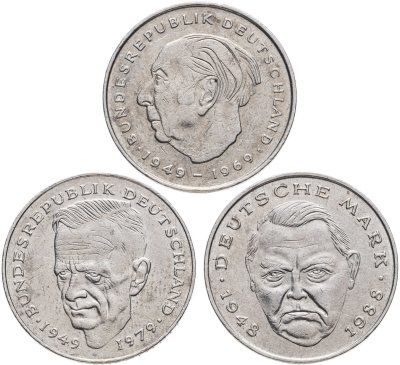 купить Германия набор из 3 монет 2 марки 1972 F, 1988 D, 1990 F