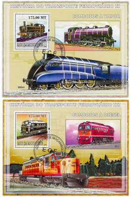 купить Мозамбик марки набор из 2 квартблоков "Поезда"