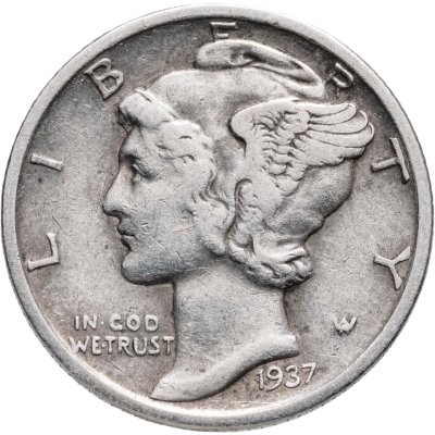 купить США 10 центов (дайм, one dime) 1937 D Mercury Dime знак монетного двора: "D" - Денвер