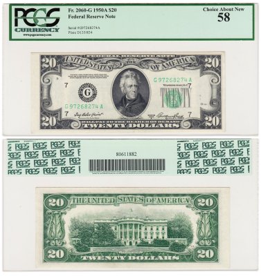 купить США 20 долларов 1950 series 1950A, G-Чикаго, Priest-Humphrey в слабе PCGS Choice About New 58