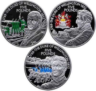 купить Набор из трех монет Гернси, Джерси и Олдерни 5 фунтов 2002 "150 лет со дня смерти Артура Уэлсли Веллингтона "Железный герцог"" в футляре