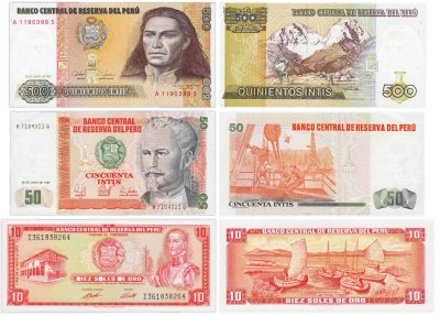 купить Перу набор из 3 банкнот 10, 50, 500 инти 1973-1987
