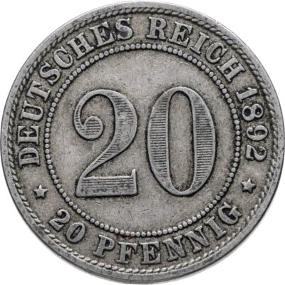 купить Германия 20 пфеннигов (pfennig) 1892 Знак монетного двора: "A" - Берлин
