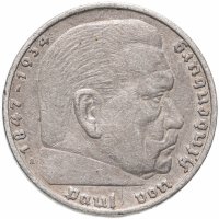 Купить 5 рейхсмарок (reichsmark) 1936 Гинденбург Третий рейх, без свастики "A"