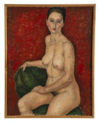 купить Картина "Обнажённая на красном фоне" (ню), неизвестный художник, холст, масло, дерево, СССР, 1950-1980 гг.