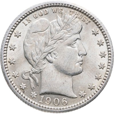 купить США 25 центов (квотер, 1/4 доллара, quarter dollar) 1906 Barber Quarter в слабе Монетник. ру MS63