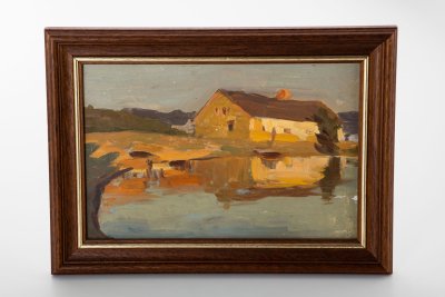 купить Картина "Домик у озера", бумага, картон, масло, Художник Таптун, СССР, 1960-1965 гг.