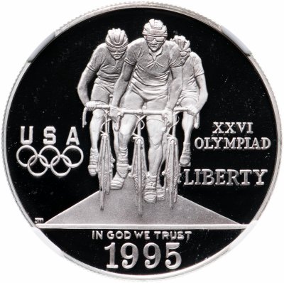 купить США 1 доллар (dollar) 1995 P XXVI летние Олимпийские Игры, Атланта 1996 - Велоспорт знак монетного двора: "P" - Филадельфия в слабе NGC PF69