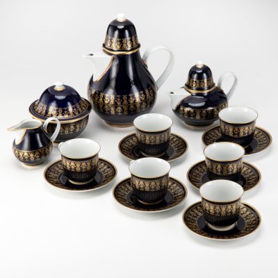купить Сервиз чайный "Echt Kobalt" с ажурным орнаментом, на 6 персон, (16 предметов), фарфор, деколь, золочение, Graf Von Henneberg Porzellan, 1777 Jlmenau, Германия, 1977-1990 гг.